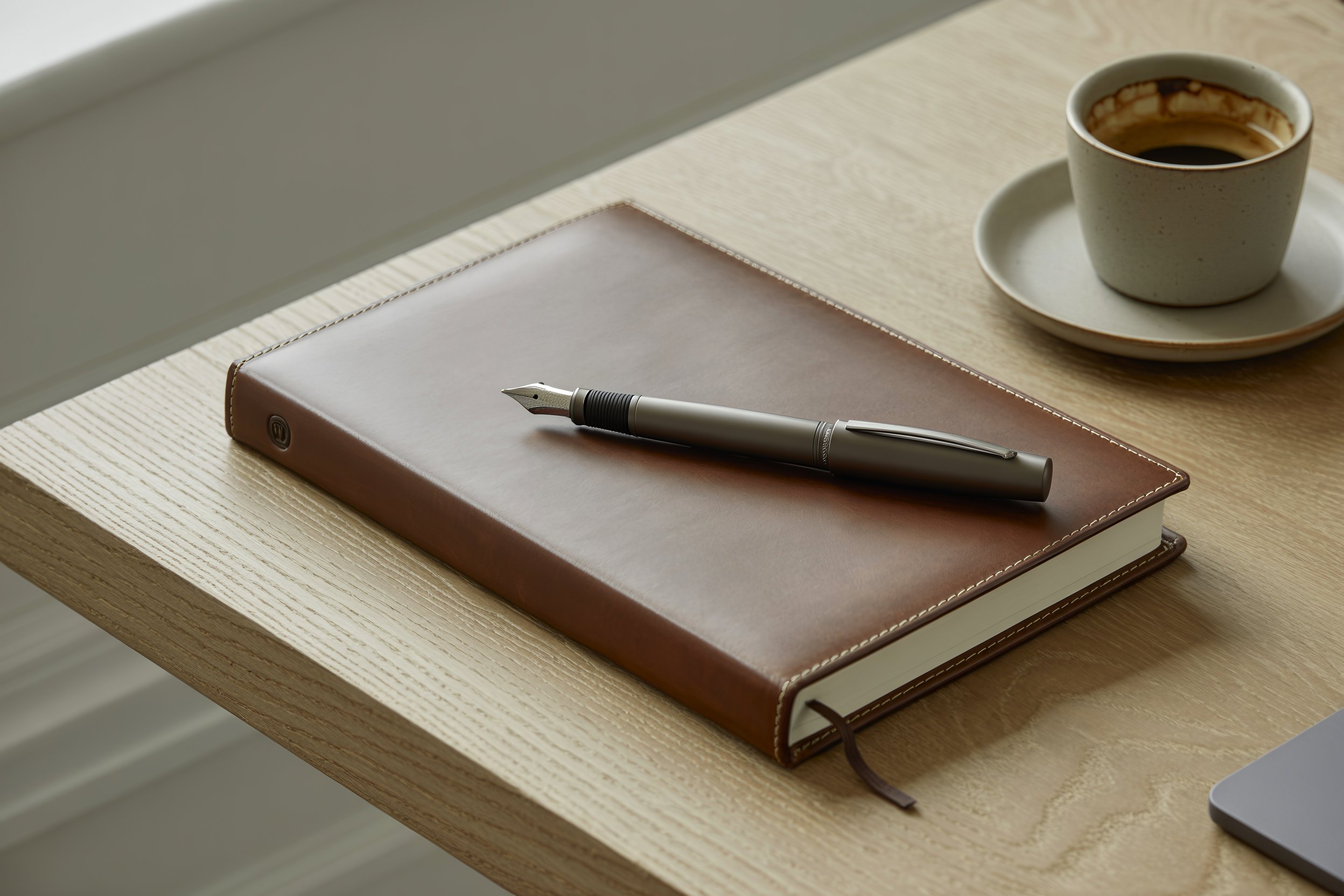 A leather-bound journal and fountain pen resting on a wooden desk beside an empty espresso cup — the workspace of someone designing their next chapter.